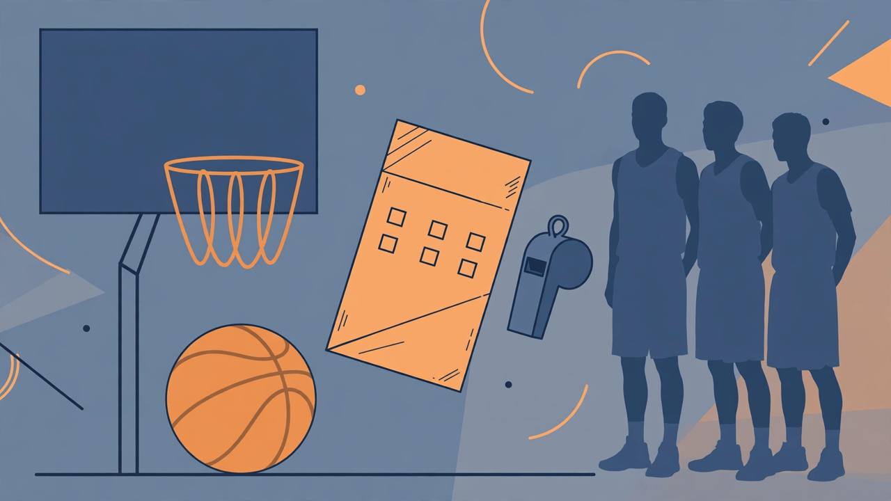 Editorial illustration of a basketball hoop, a tilted betting slip and a whistle with generic silhouetted players, flat style, no real person