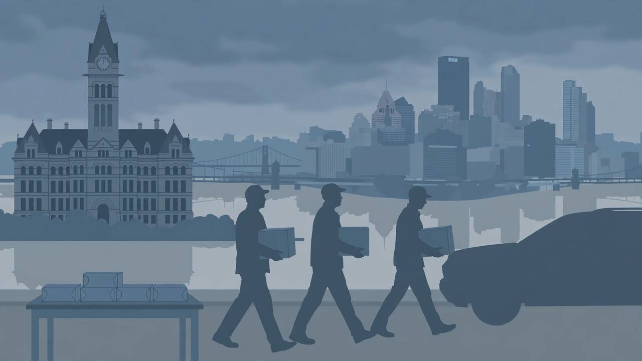 Editorial illustration of a generic Pittsburgh courthouse and skyline at dusk, with generic investigators carrying sealed evidence boxes, no people faces and no text