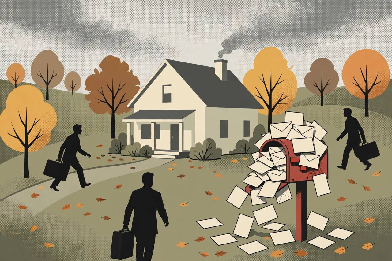Editorial illustration of a suburban Pennsylvania house in autumn with a mailbox overflowing with blank ballot envelopes and three generic silhouetted figures arriving with suitcases
