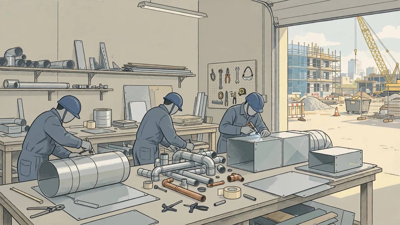 Editorial illustration of generic workshop workers fabricating metal ducts and pipes for a public construction project, flat style, no real person depicted