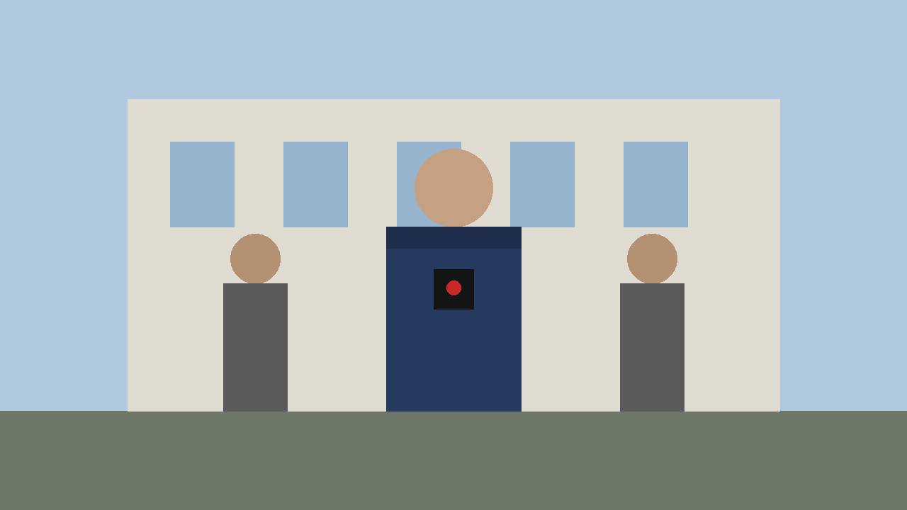 Editorial illustration of a generic probation officer with a body camera outside a Pennsylvania county building