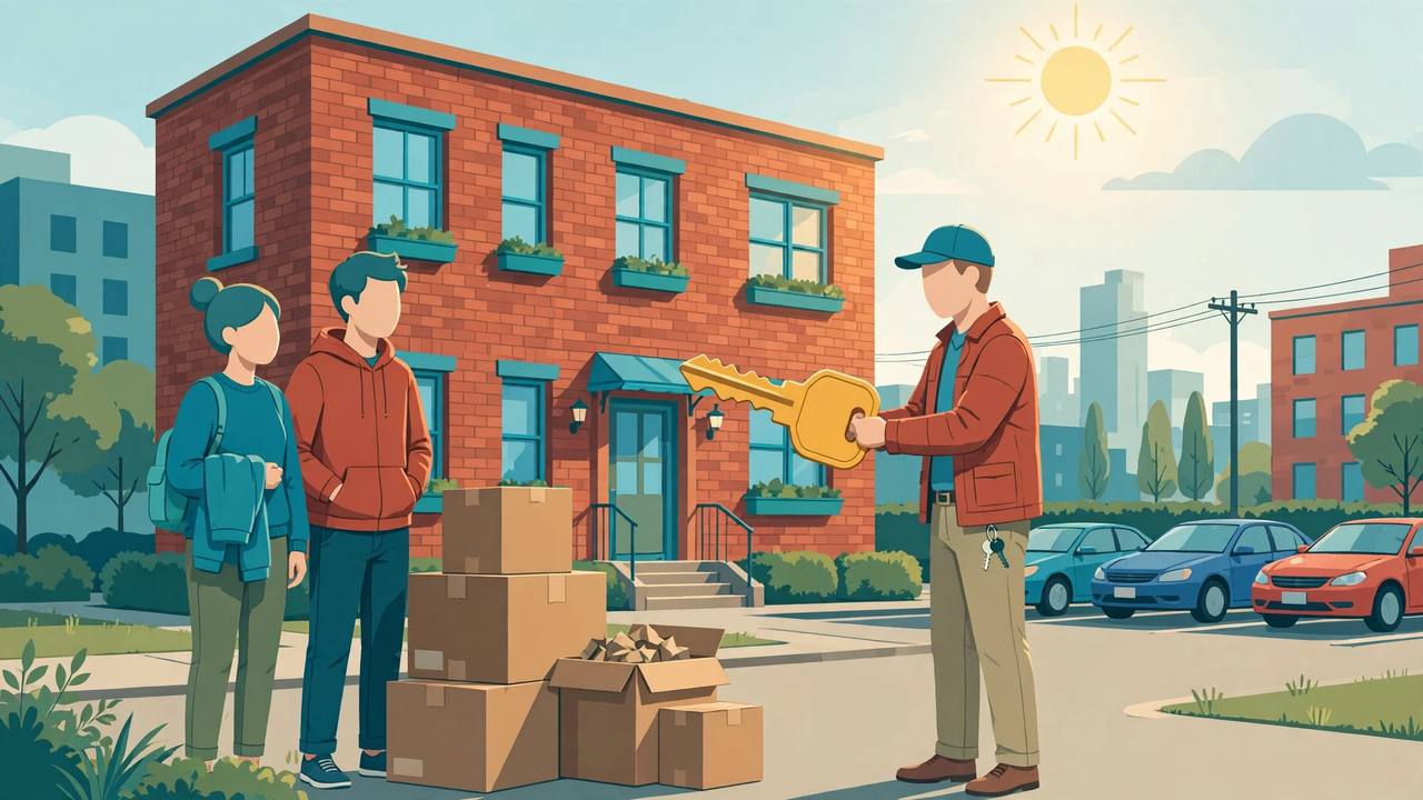 Editorial illustration of renters with moving boxes receiving a large key outside a brick apartment building with a parking lot in a Pennsylvania city, flat style, generic figures, no real person depicted