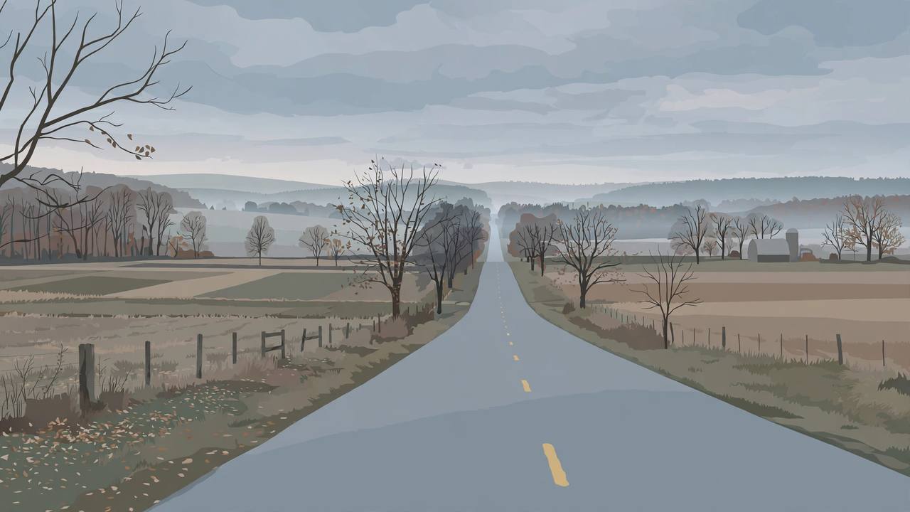 Editorial illustration of a quiet rural Pennsylvania highway at dawn, flat style, no people, no vehicles and no real place depicted