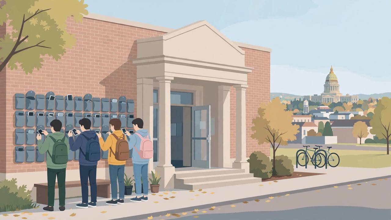 Editorial illustration of generic students storing mobile phones in pouches outside a Pennsylvania school, with the state capitol in the distance