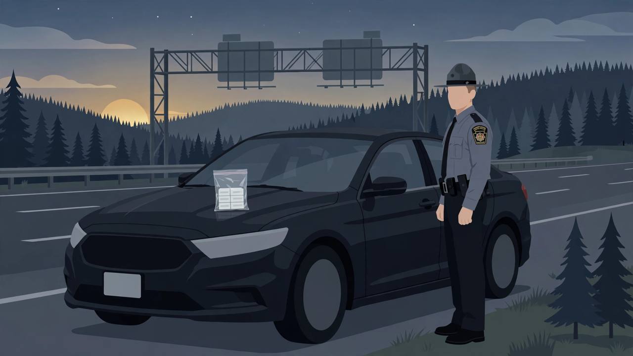 Editorial illustration of a Pennsylvania State Police trooper beside a stopped car on Interstate 380 in Monroe County