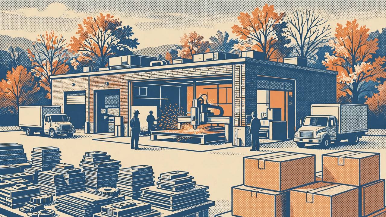 Editorial illustration of a modern manufacturing factory with a laser-cutting machine cutting a steel sheet, stacks of precision metal parts, shipping boxes and delivery trucks outside, flat style, no real person depicted