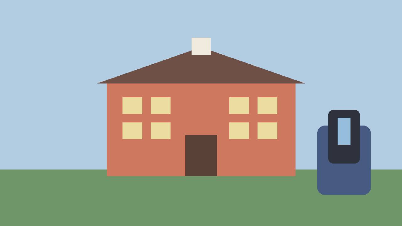 Editorial illustration of a generic school building with a student's phone kept inside a storage pouch in the foreground, flat style, no real person depicted, no text