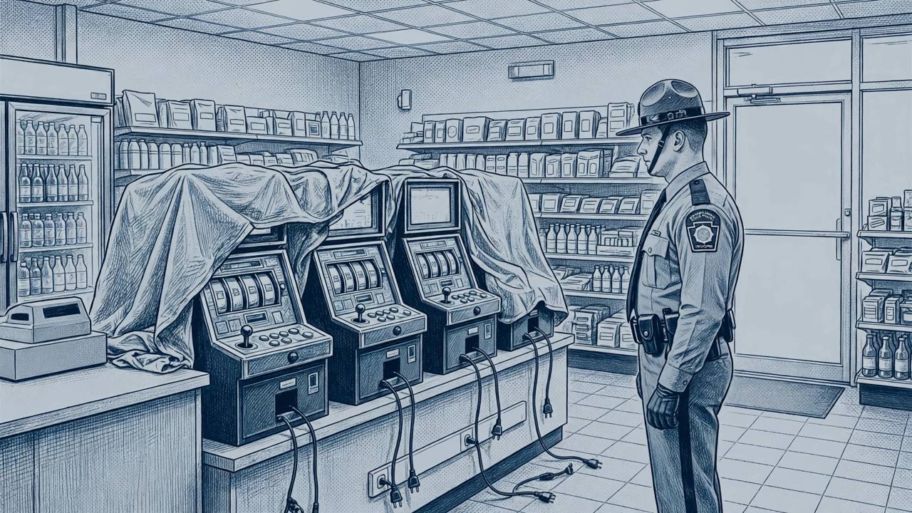 Editorial illustration of a Pennsylvania state trooper beside covered skill-game terminals in a convenience store