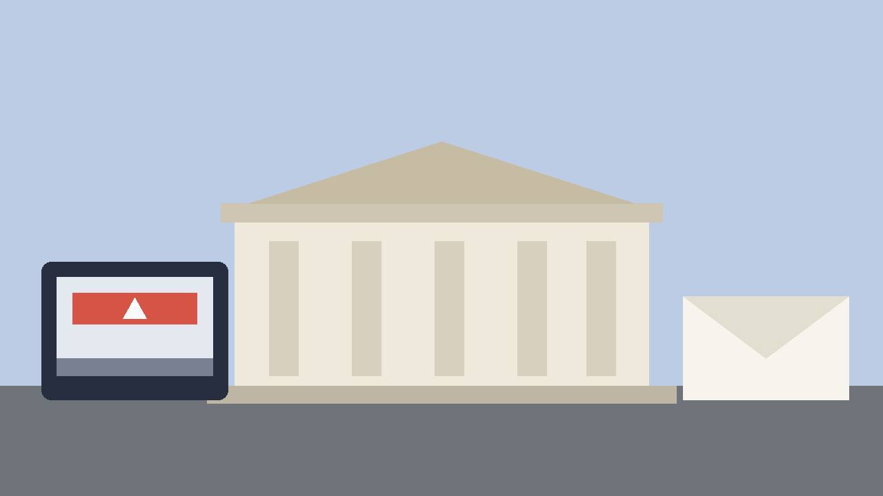 Editorial illustration of a generic courthouse, a laptop showing a plain warning pop-up window and a cash envelope, flat style, no real person or place depicted, no text