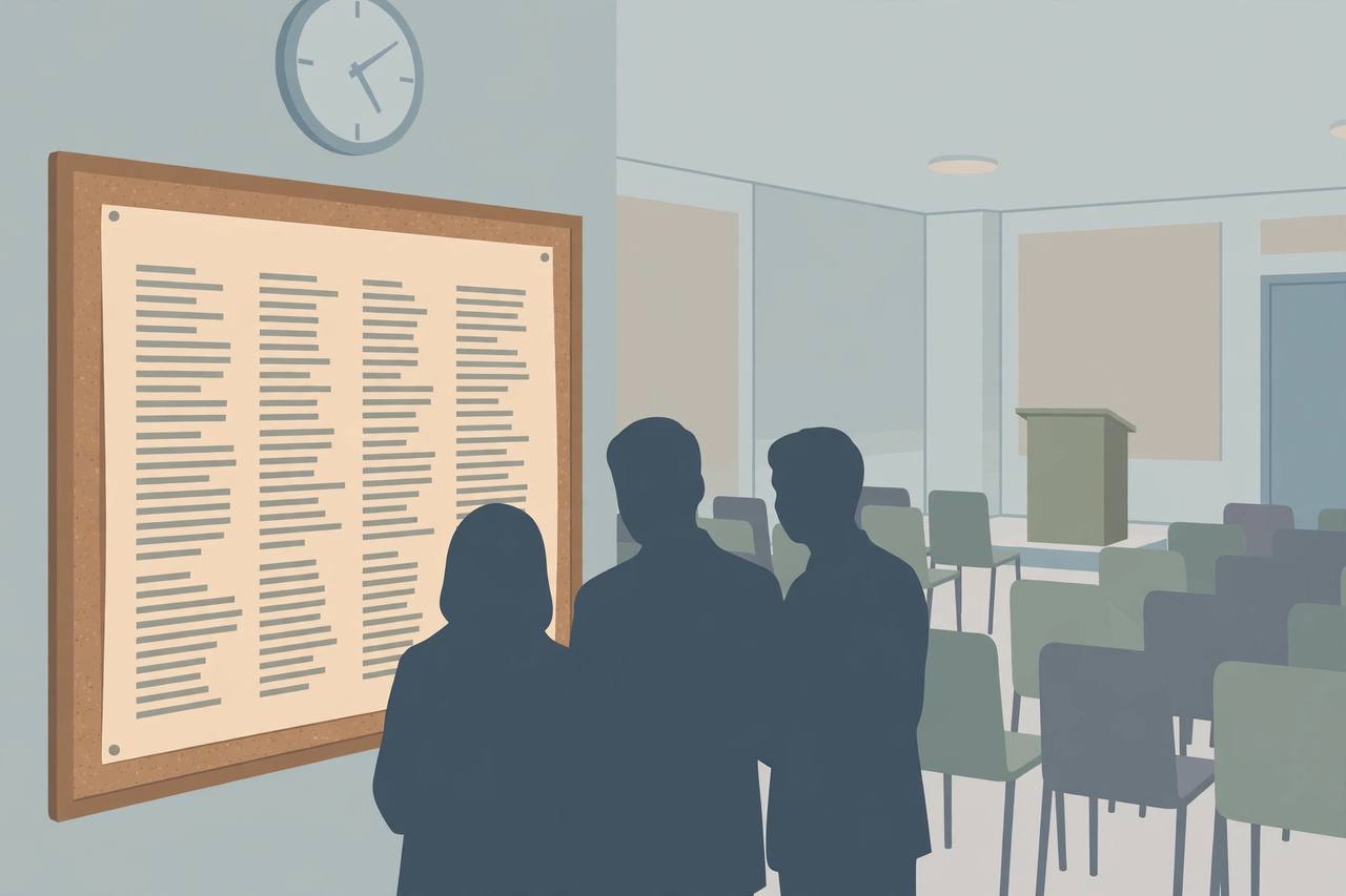 Editorial illustration of residents reading a public meeting agenda on a notice board, flat style, no real person