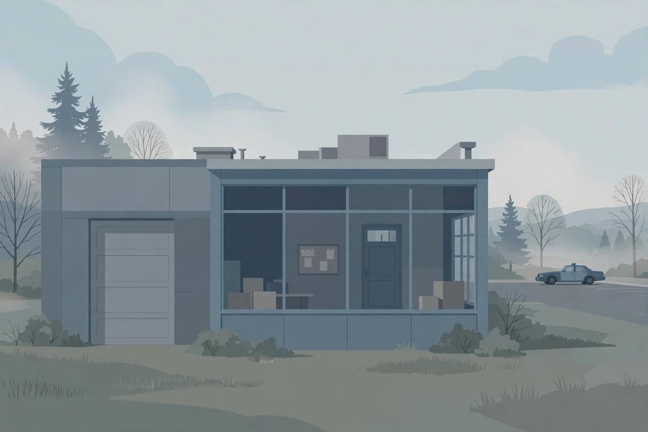 Editorial illustration of a generic industrial warehouse building in muted morning light, flat style, no people, no real place depicted