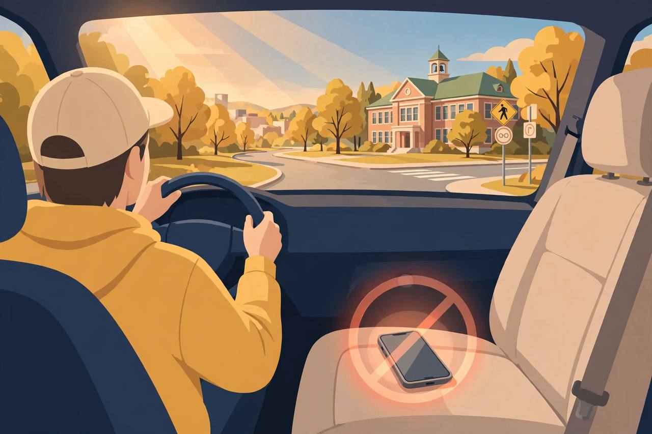Editorial illustration of a young driver with both hands on the steering wheel, a phone set aside on the passenger seat and a school in the background, flat style