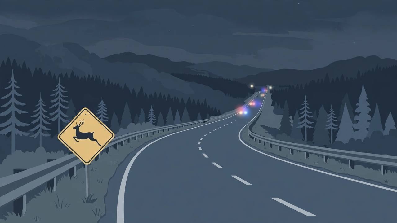 Editorial illustration of an empty rural interstate at night with a deer-crossing sign and guardrails, flat style, no crash or person depicted