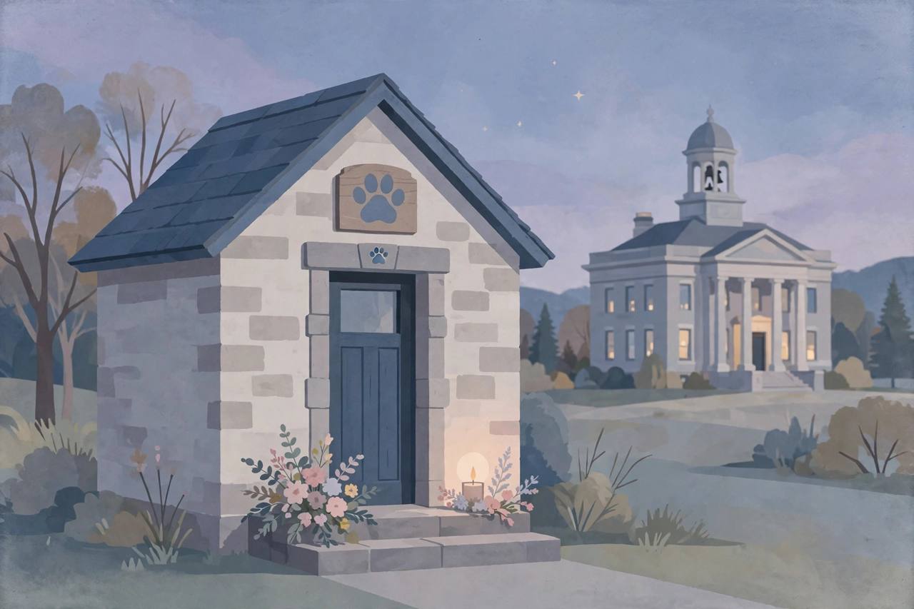 Editorial illustration of a small stone pet memorial building with a paw-print emblem, flowers and a candle on its steps, and a courthouse in the background at dusk, flat style, no people, no text