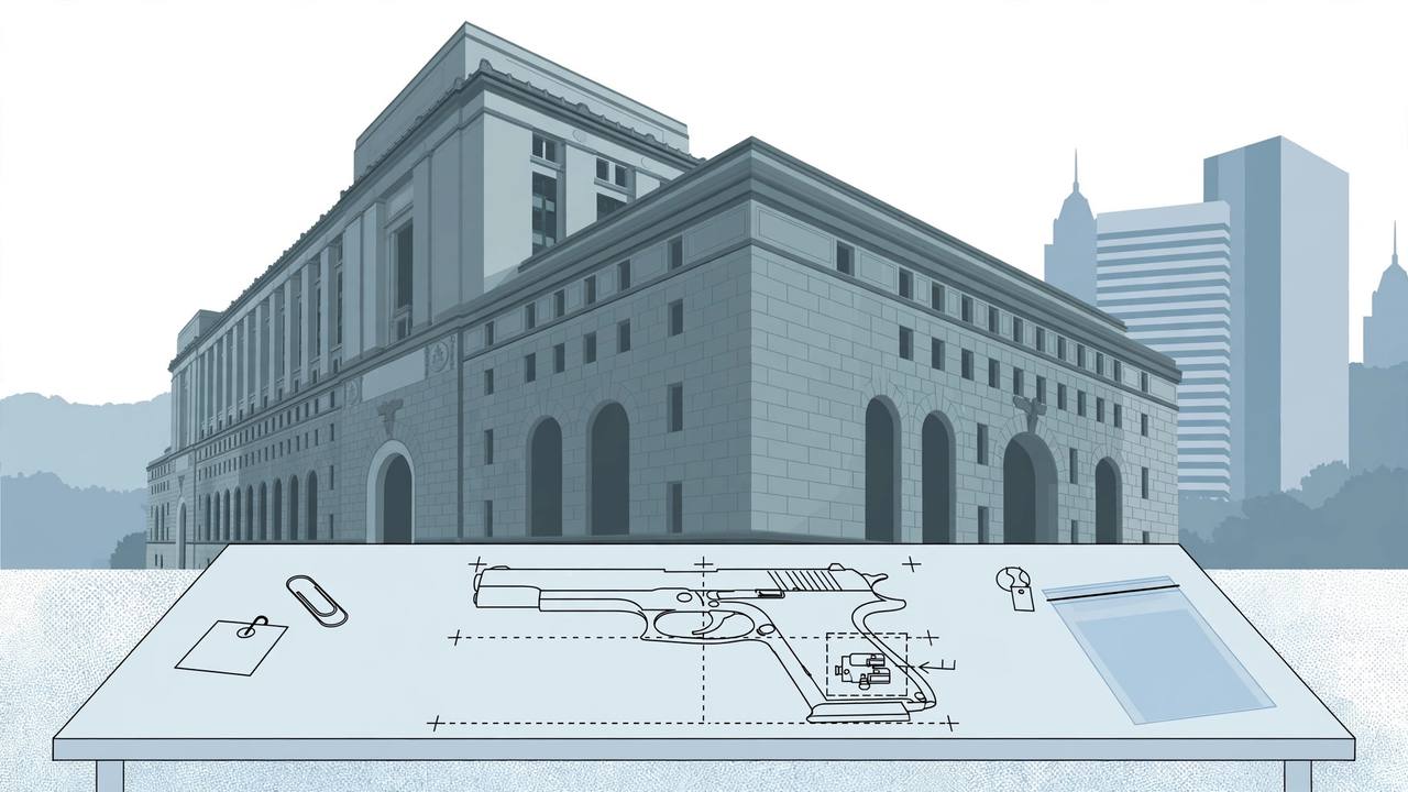 Editorial illustration of a generic federal courthouse in Pittsburgh with a diagram-style outline of a handgun on an evidence table, flat style, no real person, no text
