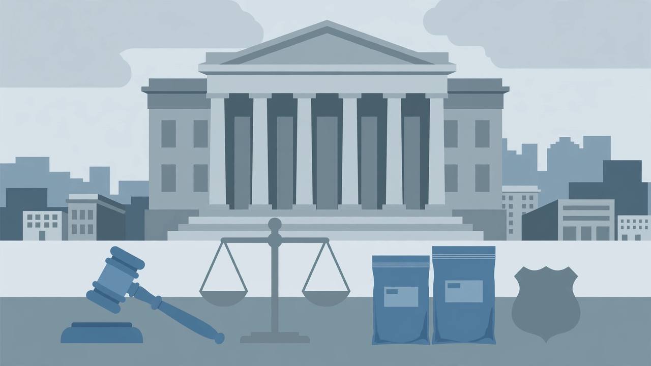 Editorial illustration of a courthouse with columns, a gavel, scales of justice and sealed evidence bags, flat style, no people, no text
