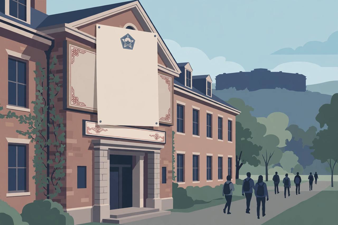 Editorial illustration of a US university campus building with a blank official notice covering a cultural centre board, students walking as generic silhouettes and a distant government building