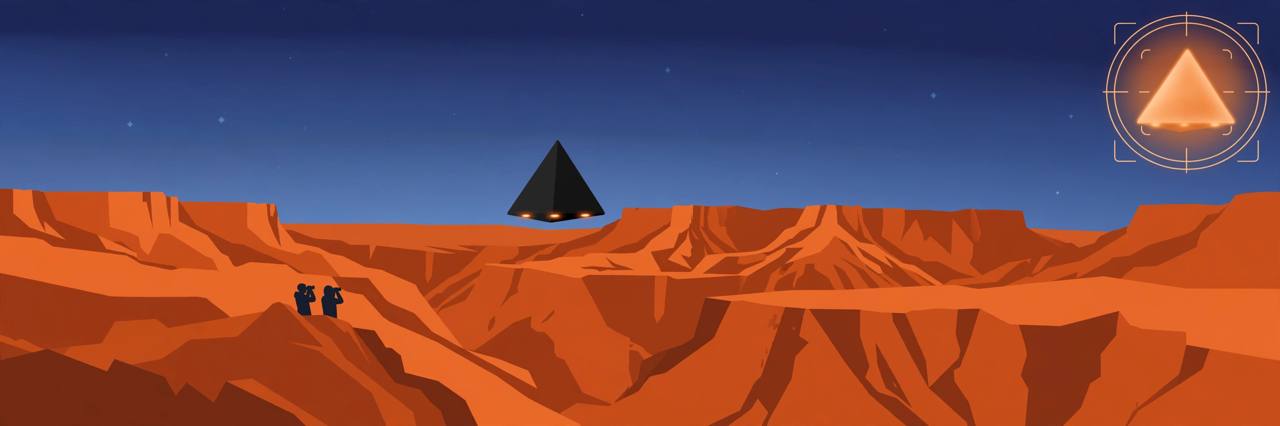 Editorial illustration of a matte black triangular craft hovering over a desert ridgeline at dusk, watched by two generic silhouetted figures with binoculars and an infrared viewfinder motif — flat style, no real person depicted
