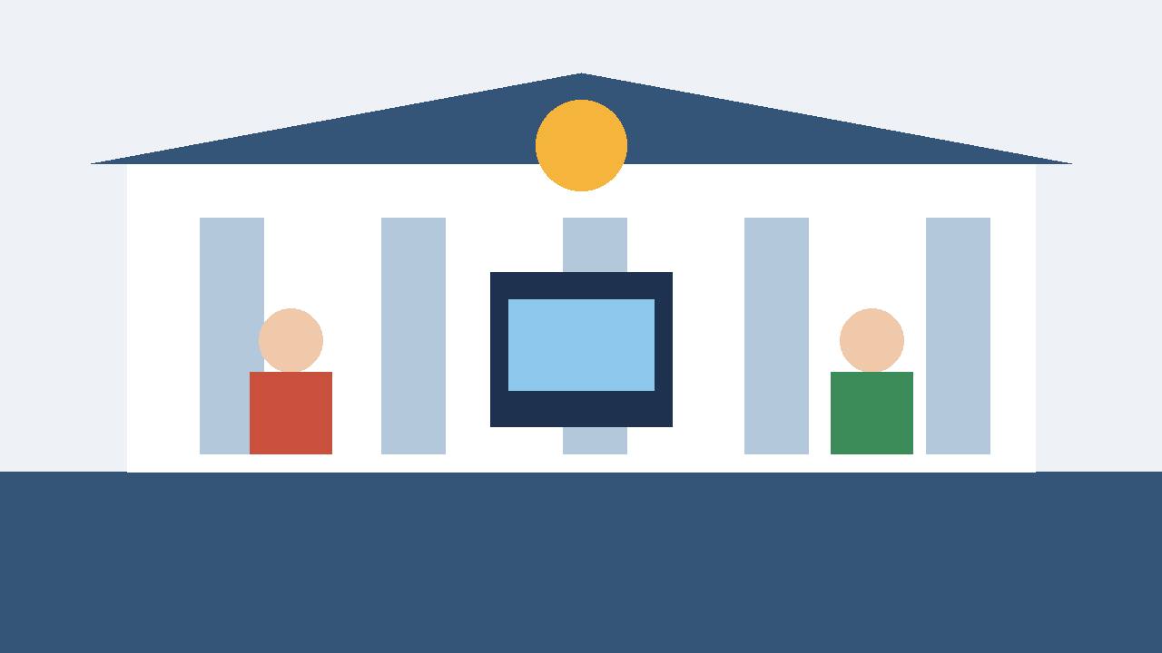 Editorial illustration of a courthouse with columns and a phone, flat style, generic figures with no faces, no text