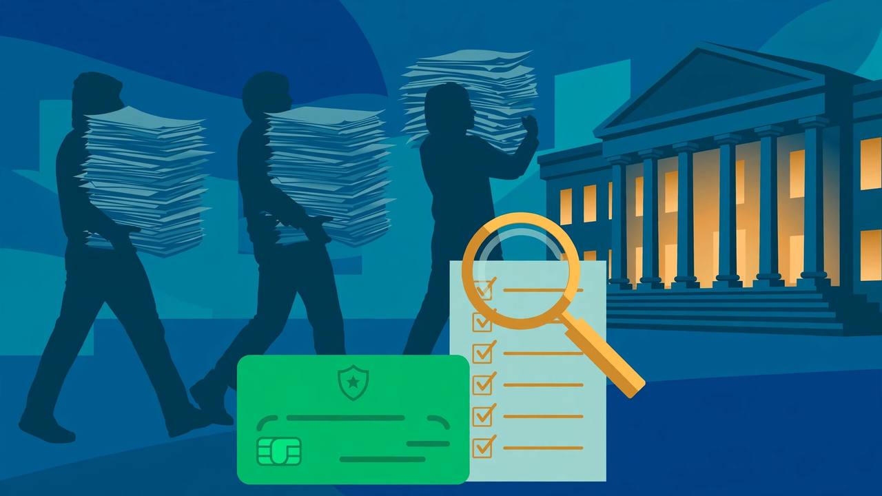 Editorial illustration of generic silhouetted workers carrying tall stacks of application papers toward a columned government building, with a green residency card and a checklist under a magnifying glass in the foreground, flat style, no real person or place depicted, no text