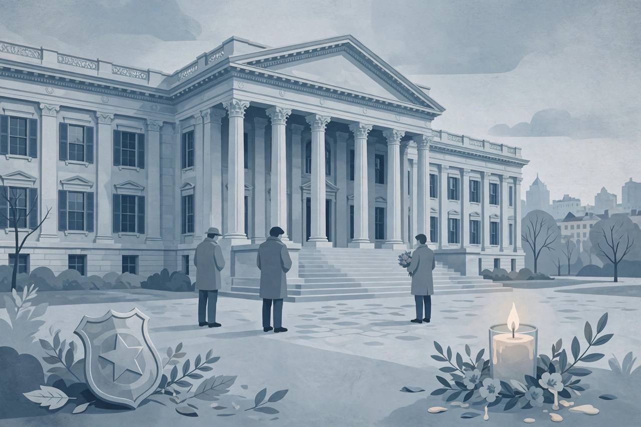 Editorial illustration of a courthouse with columns, a generic police badge and a memorial candle, no people depicted