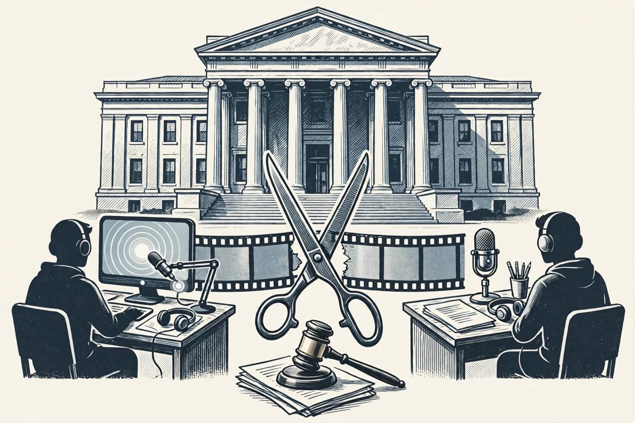 Editorial illustration of a federal courthouse in Washington DC with a livestream desk and microphone on one side, a radio podcast microphone on the other, and oversized scissors cutting a strip of video film between them
