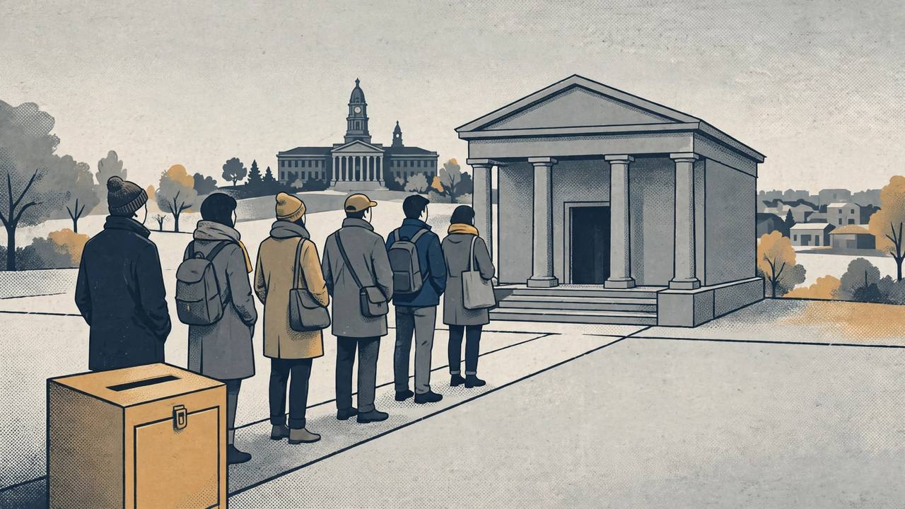 Editorial illustration of generic voters queuing outside a polling place with a ballot drop box and a courthouse behind; no real person is depicted