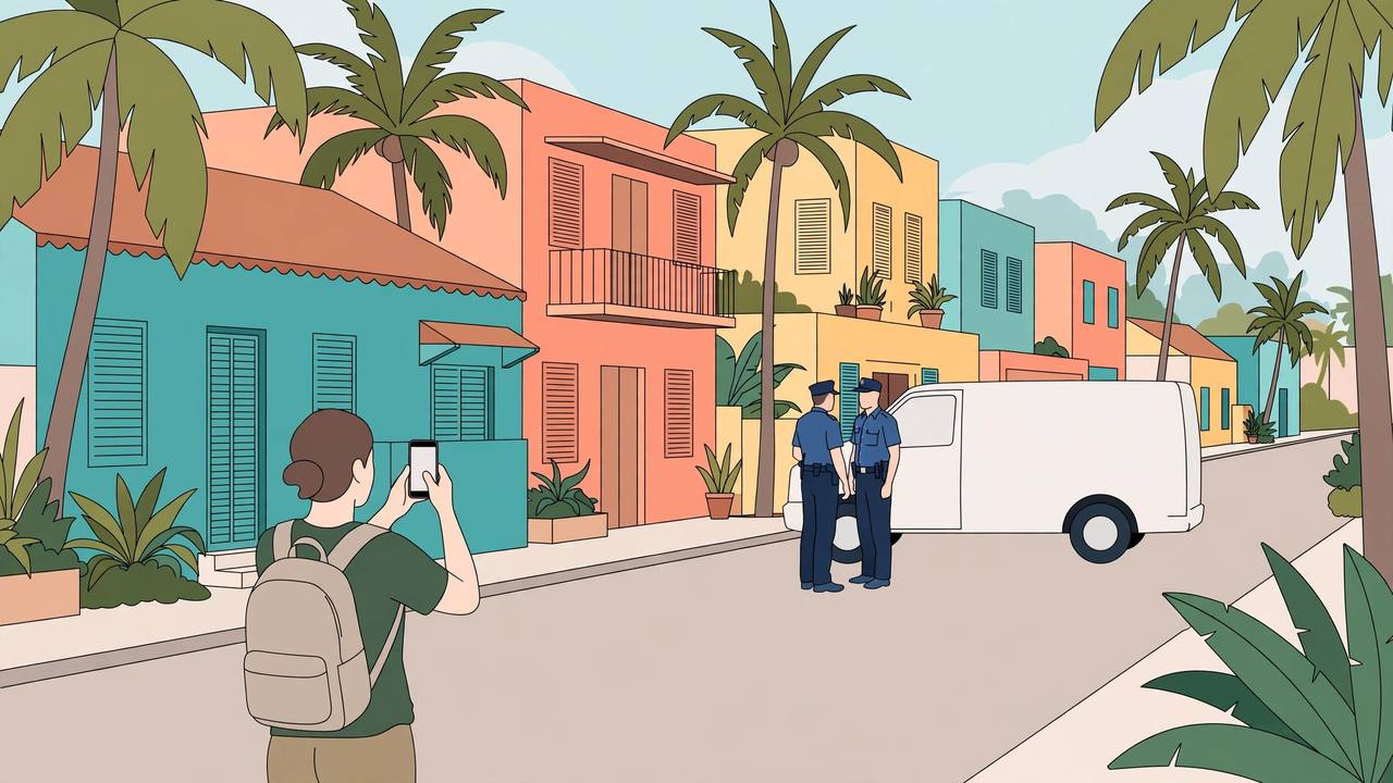 Editorial illustration of a Caribbean city street with palm trees and colourful buildings, a generic person filming with a phone and two generic officers beside an unmarked van in the distance, flat style, no detailed faces and no text