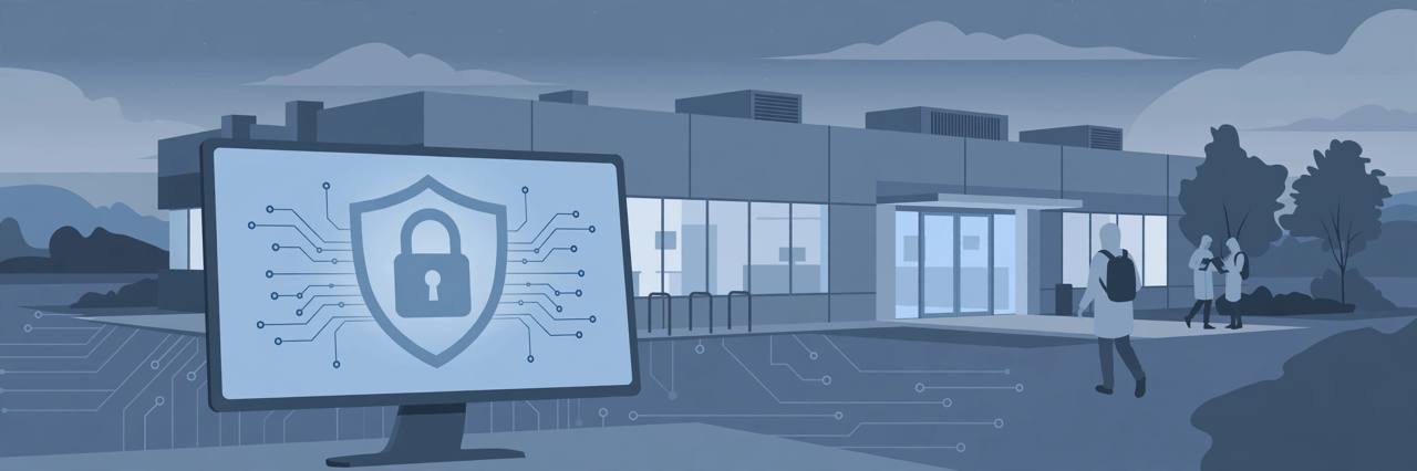 Editorial illustration of a generic medical laboratory building with a generic monitor showing an abstract padlock, flat style, no real company branding, no text