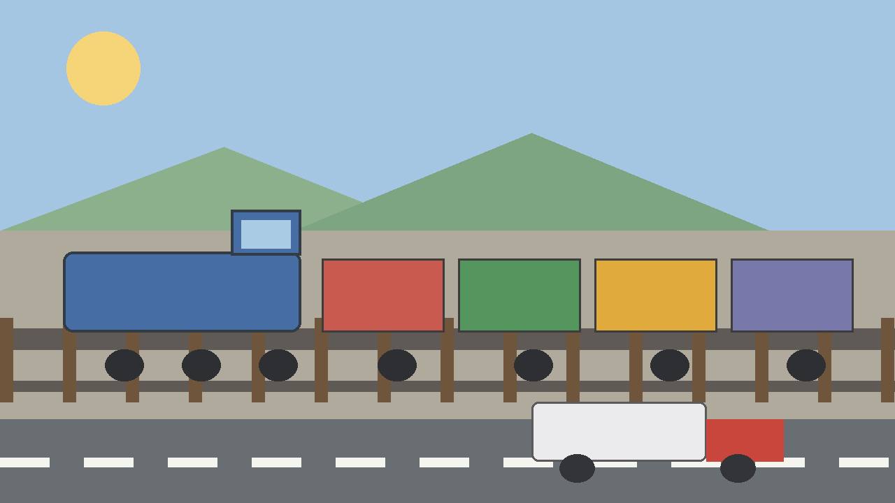 Editorial illustration of a generic freight train with containers beside a highway with a generic truck, flat style, no logos, no people, no text, no real place depicted