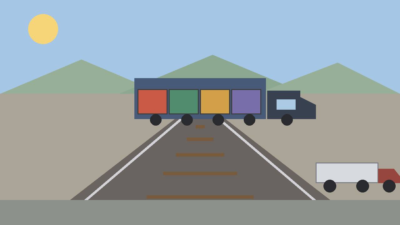 Editorial illustration of a generic freight train with shipping containers beside a highway with a generic semi-truck, flat style, no logos, no text, no real place or person depicted