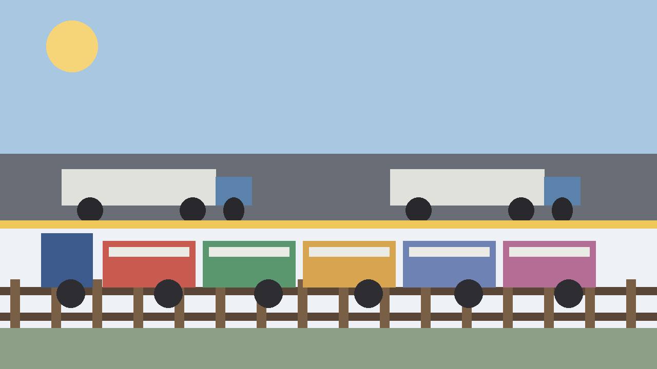 Editorial illustration of generic trucks on a highway above a freight train carrying container boxes, flat style, no text, no logos, no real company or person depicted