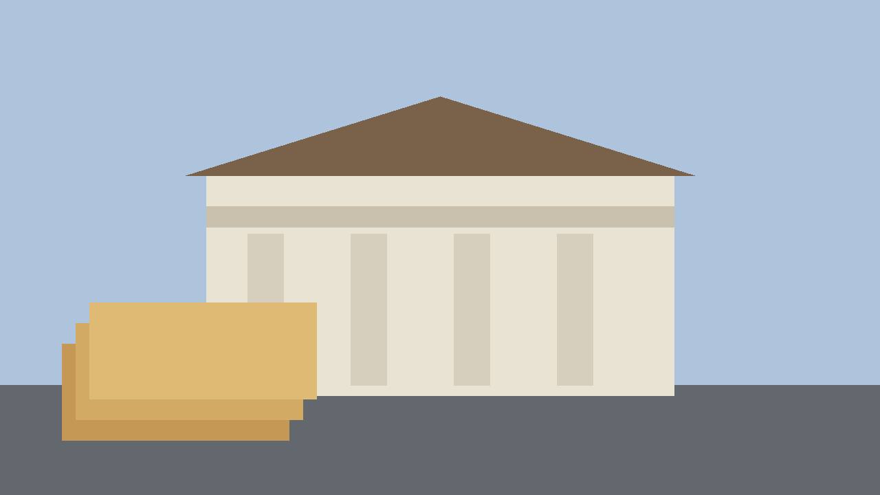 Editorial illustration of a generic courthouse with columns and a stack of application folders in the foreground, flat style, no real person depicted, no text