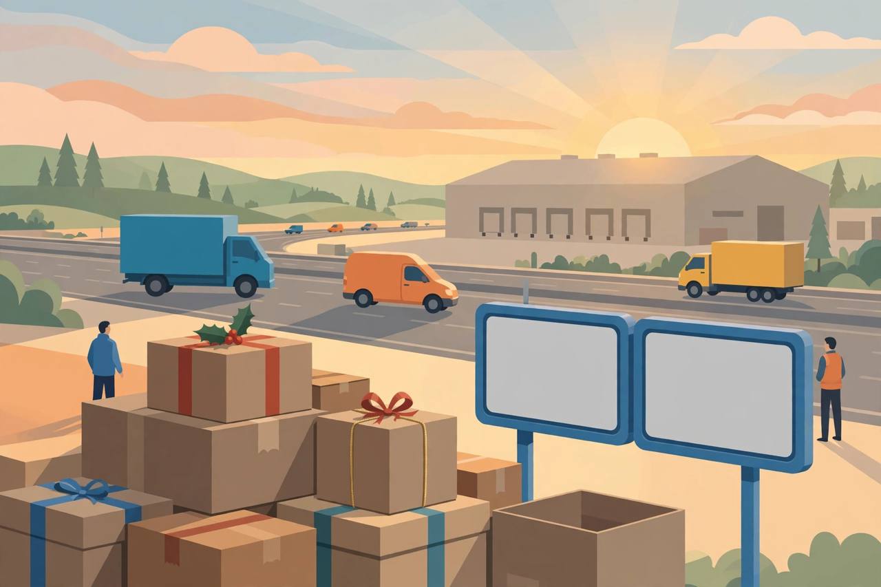 Editorial illustration of delivery trucks and parcel vans on a US highway at dawn beside stacked holiday parcels and a warehouse, flat style, generic figures only, no real person depicted