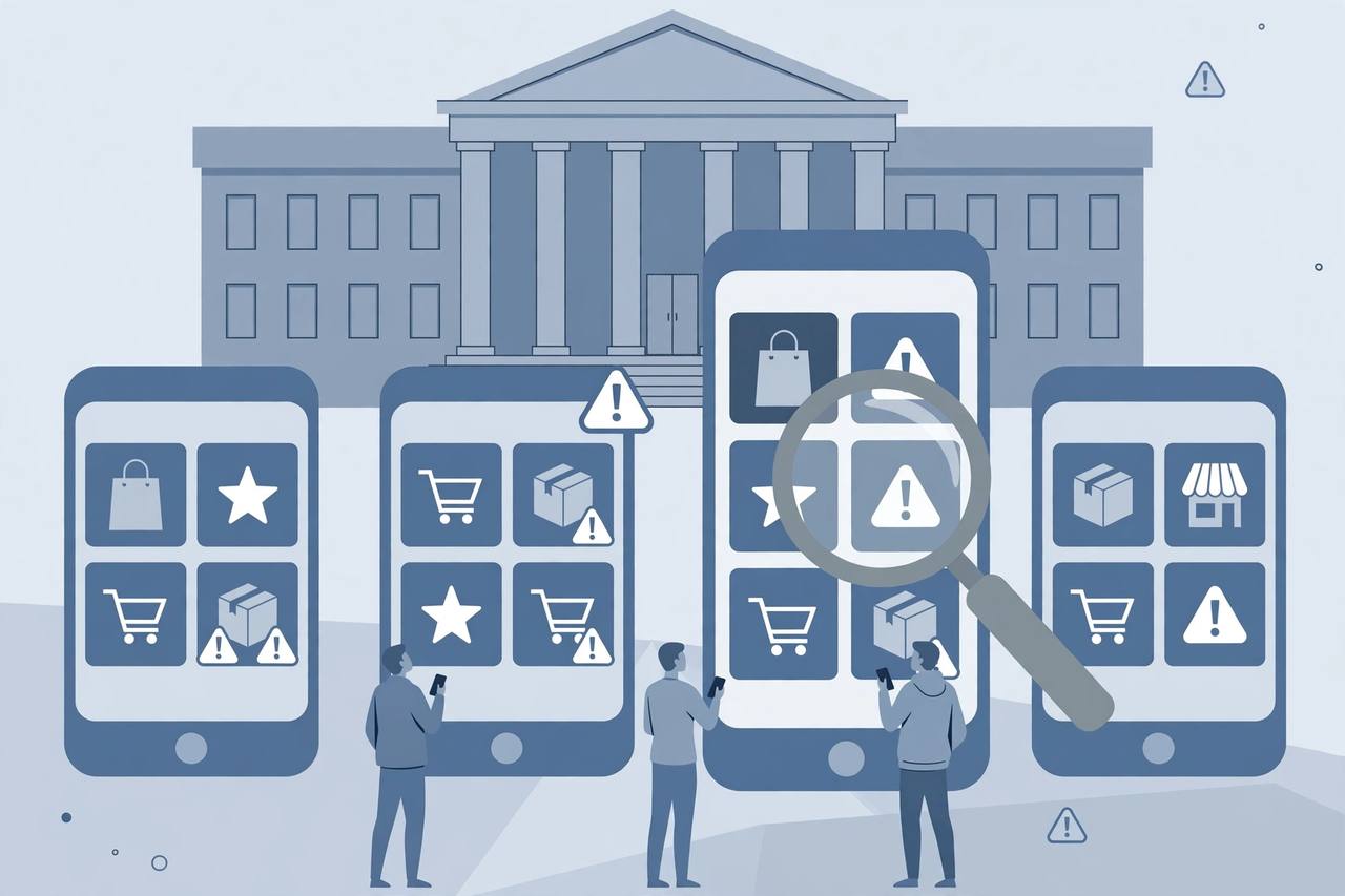 Editorial illustration of a courthouse, oversized smartphone screens with generic ad tiles and warning signs, flat style, no real person depicted