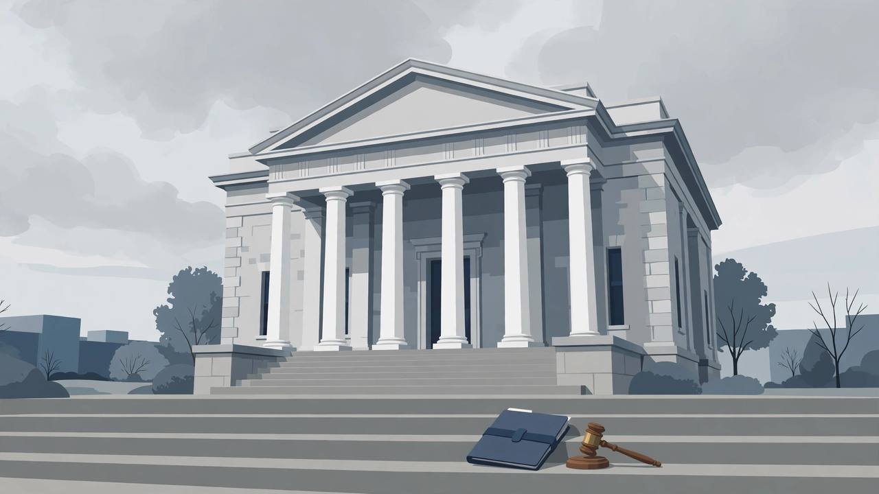 Editorial illustration of a generic federal courthouse with white columns and steps, a closed case folder and a gavel on the steps, flat style, no people