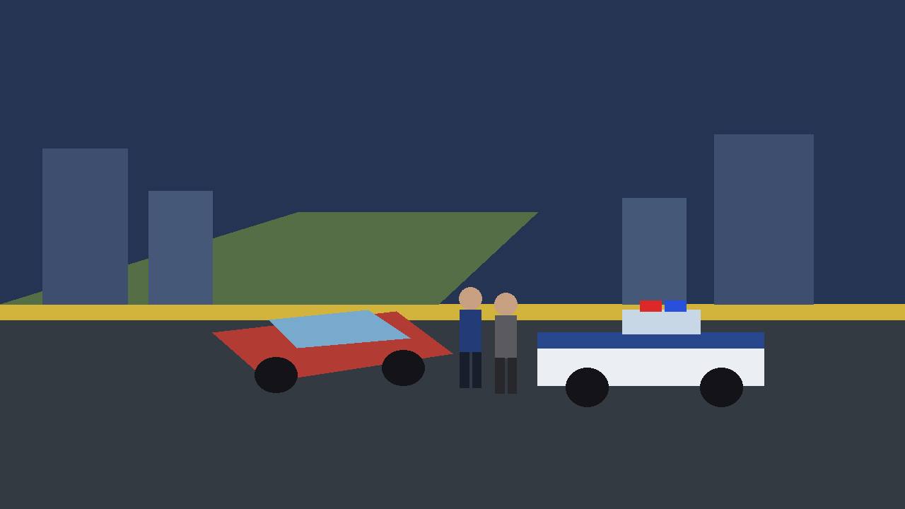 Editorial illustration of a generic crashed red sedan near a highway embankment, a generic police car with a light bar and two generic figures standing nearby, flat style, no text, no real person depicted