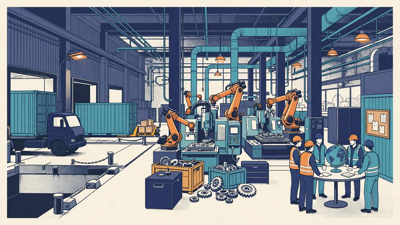 Editorial illustration of a factory floor with orange industrial robot arms, CNC machines, shipping containers and workers in hard hats around a table with a globe