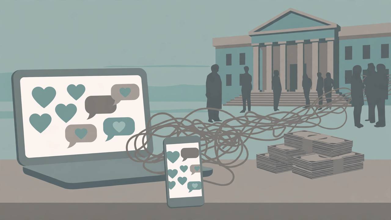 {'en': 'Editorial illustration of a laptop and phone with abstract heart and chat icons, tangled wires, cash and a courthouse, generic silhouettes only', 'pa': 'ਅਮੂਰਤ ਦਿਲ ਅਤੇ ਚੈਟ ਆਈਕਨਾਂ ਵਾਲੇ ਲੈਪਟਾਪ ਅਤੇ ਫ਼ੋਨ, ਉਲਝੀਆਂ ਤਾਰਾਂ, ਨਕਦੀ ਅਤੇ ਇੱਕ ਅਦਾਲਤ ਦੀ ਸੰਪਾਦਕੀ ਤਸਵੀਰ, ਸਿਰਫ਼ ਆਮ ਸਿਲੂਏਟ', 'hi': 'अमूर्त दिल और चैट आइकनों वाले लैपटॉप और फोन, उलझी तारों, नकदी और एक अदालत का संपादकीय चित्र, केवल सामान्य सिल्हूट'}