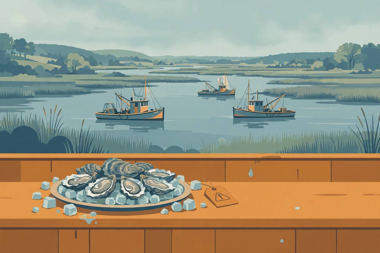 Editorial illustration of raw oysters on ice with a warning tag, oyster boats on a Virginia river estuary behind