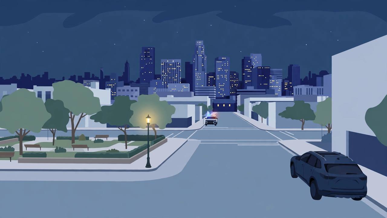 Editorial illustration of a quiet downtown San Jose street corner at night near a park, with a police car in the distance; the incident itself is not depicted