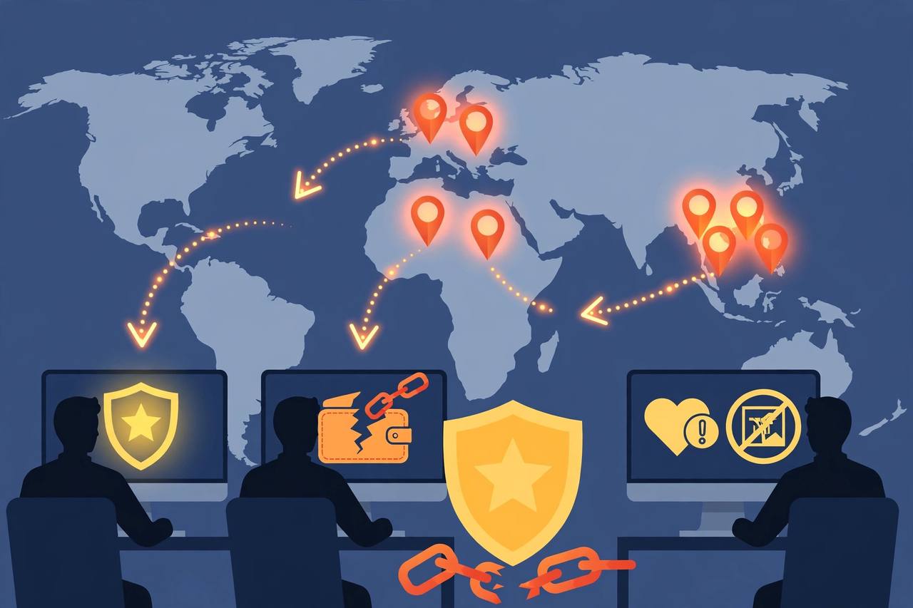 Editorial illustration of a world map with scam-center pins spreading from Southeast Asia to Africa and Europe, generic figures at computer screens, a broken crypto wallet chain and a shield, flat style, no real person