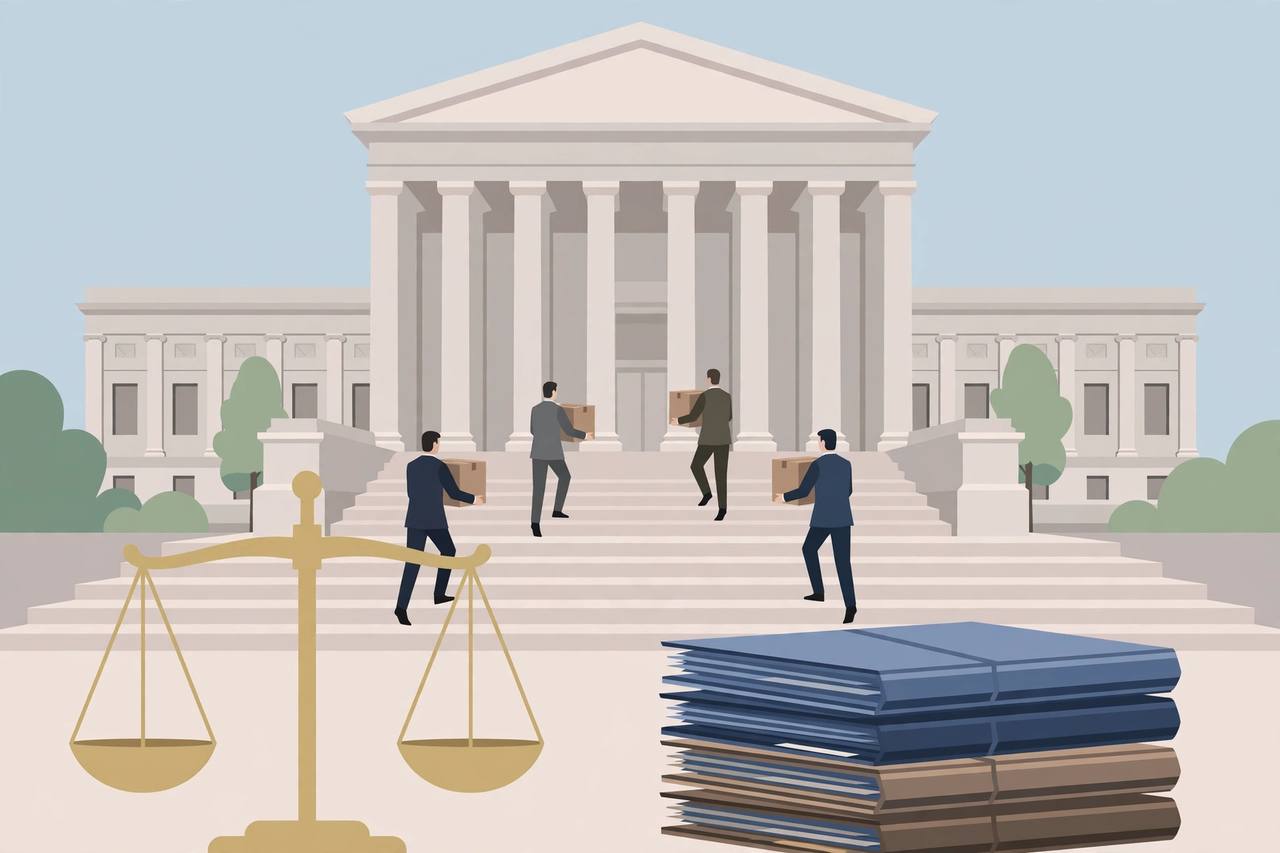 Editorial illustration of the U.S. Supreme Court building with scales of justice and legal brief folders, generic figures, no weapon depicted
