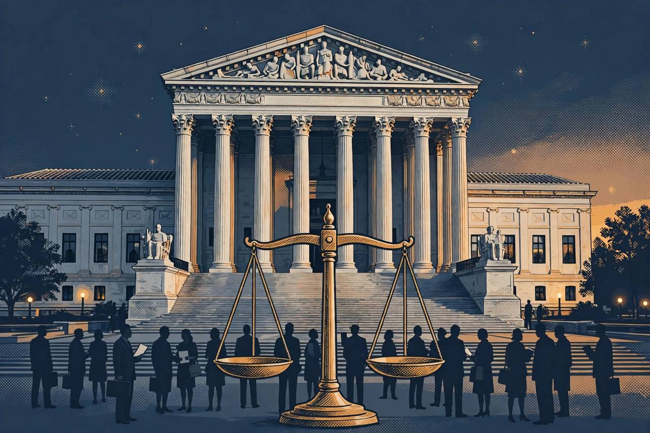 Editorial illustration of the US Supreme Court building with a scale of justice and generic worker silhouettes in the foreground