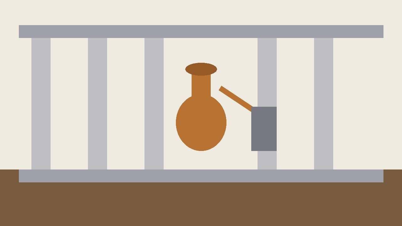 Editorial illustration of a copper home still in front of courthouse columns