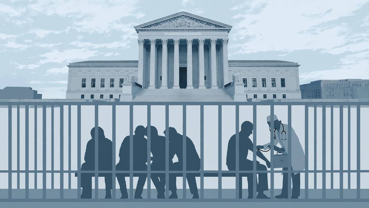 Editorial illustration of the U.S. Supreme Court building behind prison bars, with generic silhouetted figures and a doctor figure, flat style, no real person depicted
