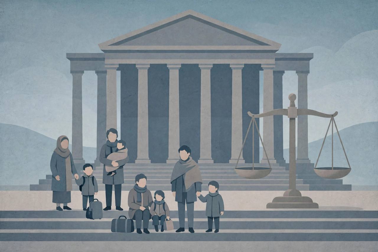 Editorial illustration of generic immigrant families waiting on courthouse steps beside a set of scales, flat style, no text, no real person depicted