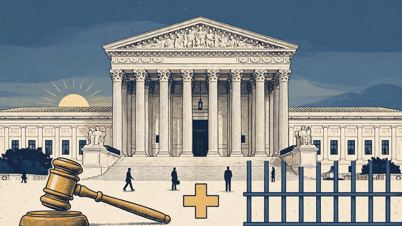 Editorial illustration of the US Supreme Court building with a gavel, a medical cross and prison bars