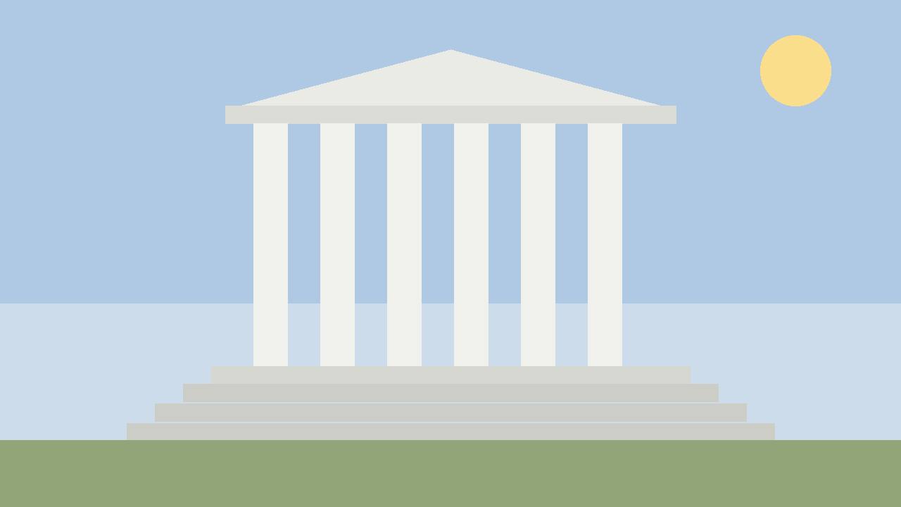 Editorial illustration of a generic courthouse with columns and steps, flat style, no people, no text, no real place depicted