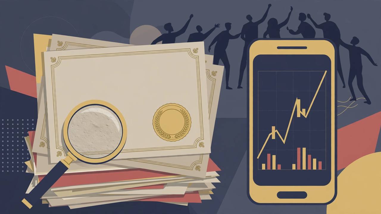 Editorial illustration of official-looking certificates under a magnifying glass beside a smartphone showing a rising crypto chart, symbolising the SEC case against BG Wealth and DSJ Exchange